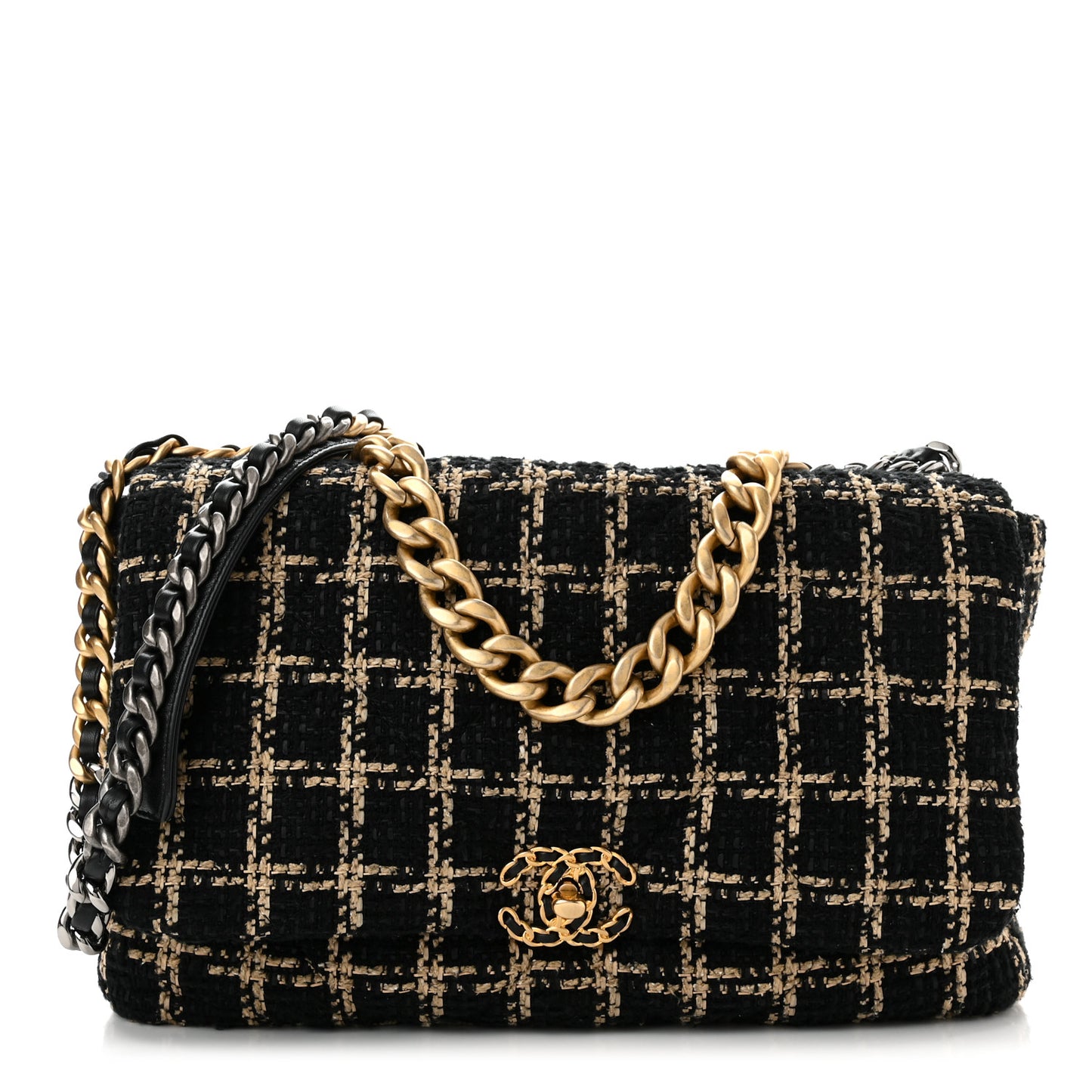 Tweed Maxi Chanel 19 Flap Black Beige