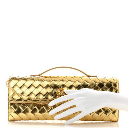 Bottega Veneta Metallic Lambskin Intrecciato Long Andiamo Top Handle Clutch Gold 2 of 7