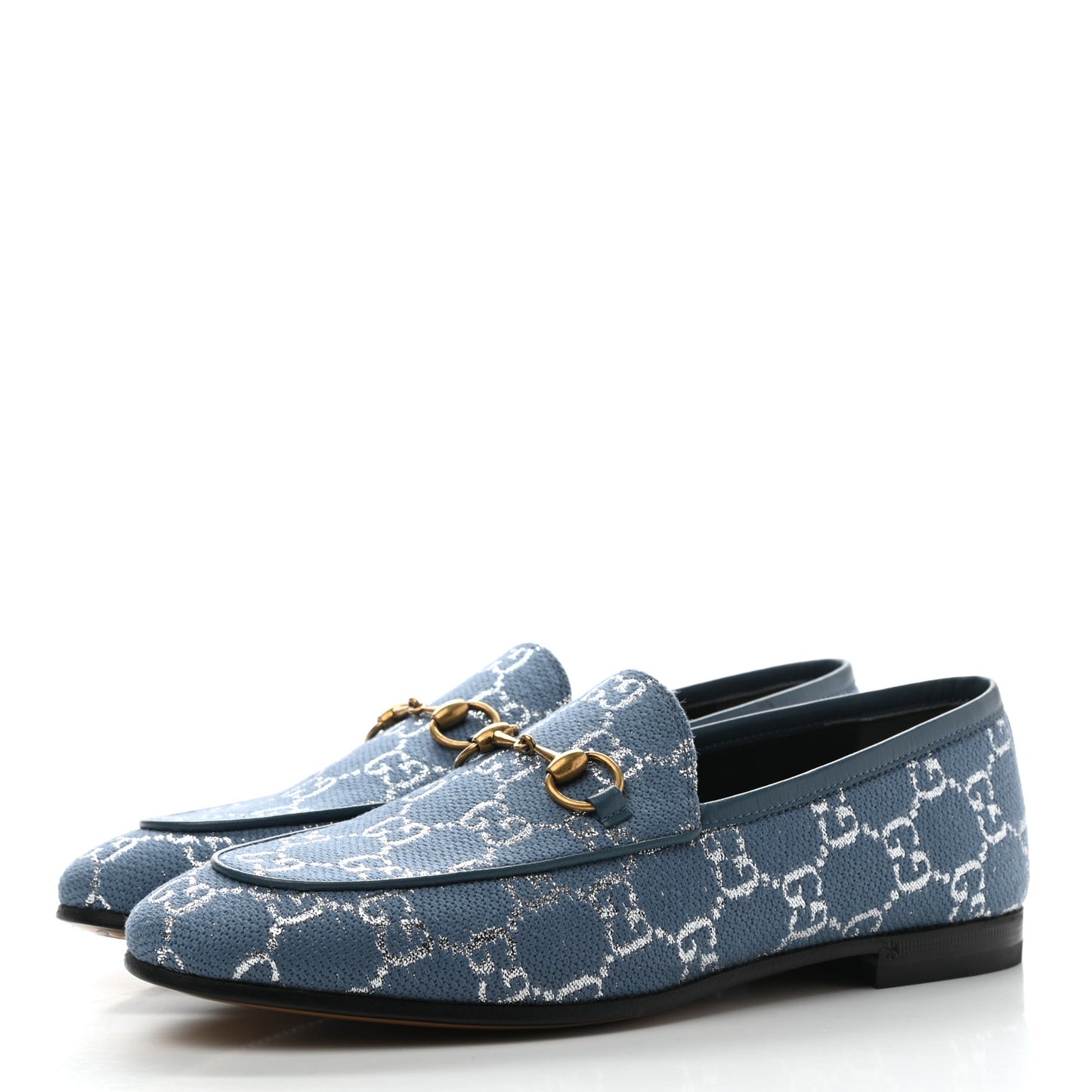 Canvas Lame GG Monogram Horsebit Womens Jordaan Loafers 37 Blue Silver