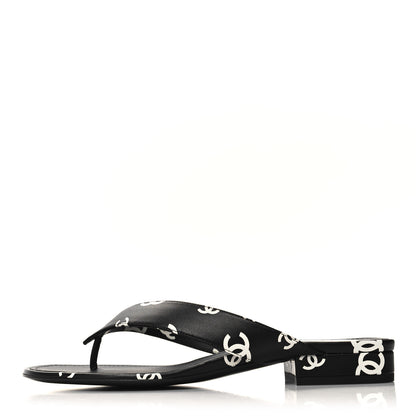 Chanel Printed Lambskin Coco Beach Thong Sandals 39 Black White 1 of 9