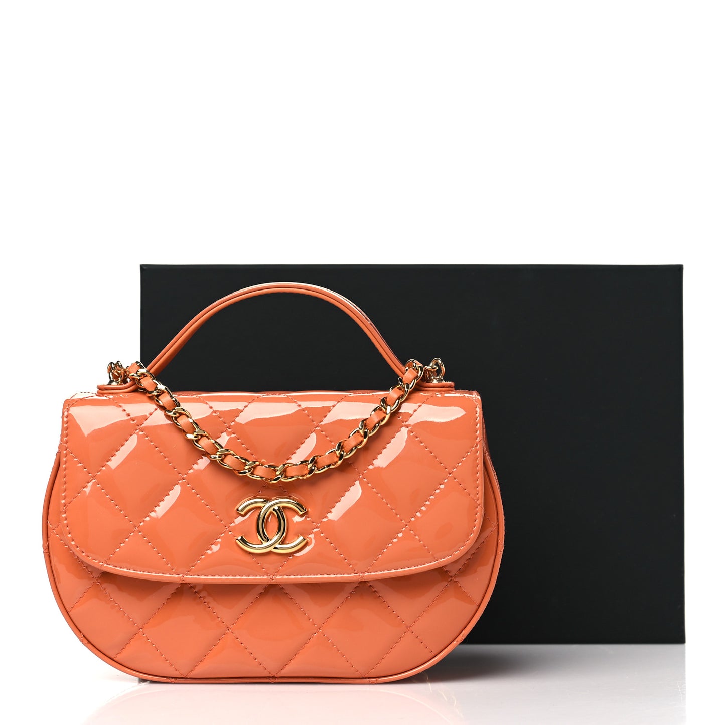 Patent Quilted Flap Phone Holder With Chain Orange