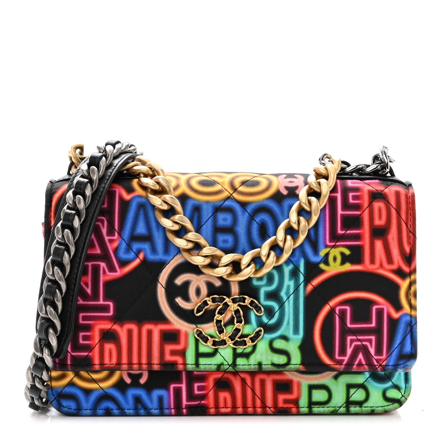 Chanel Fabric Printed Chanel 19 Wallet On Chain WOC Black Multicolor 1 of 12