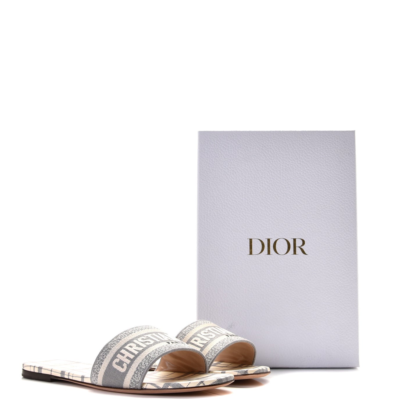 Canvas Check'N'Dior Pop Embroidered Dway Flat Slide Sandals 41 Grey Stone