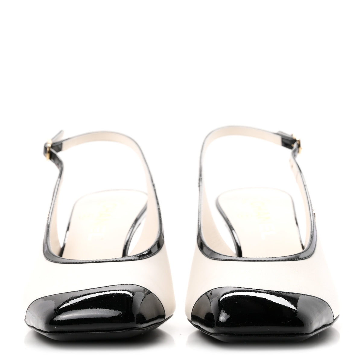Lambskin Patent Calfskin Cap Toe CC Slingback Pumps 38 White Black