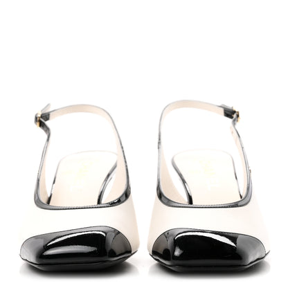 Chanel Lambskin Patent Calfskin Cap Toe CC Slingback Pumps 38 White Black 3 of 10