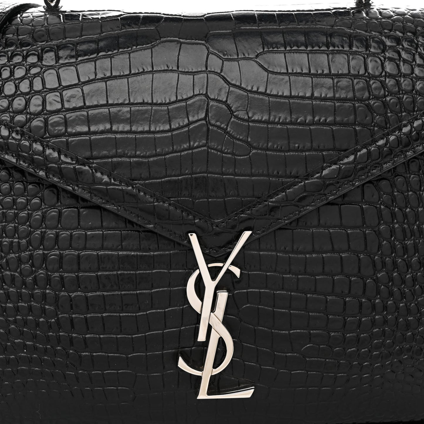 Calfskin Crocodile Embossed Medium Classic Monogram Cassandra Top Handle Black