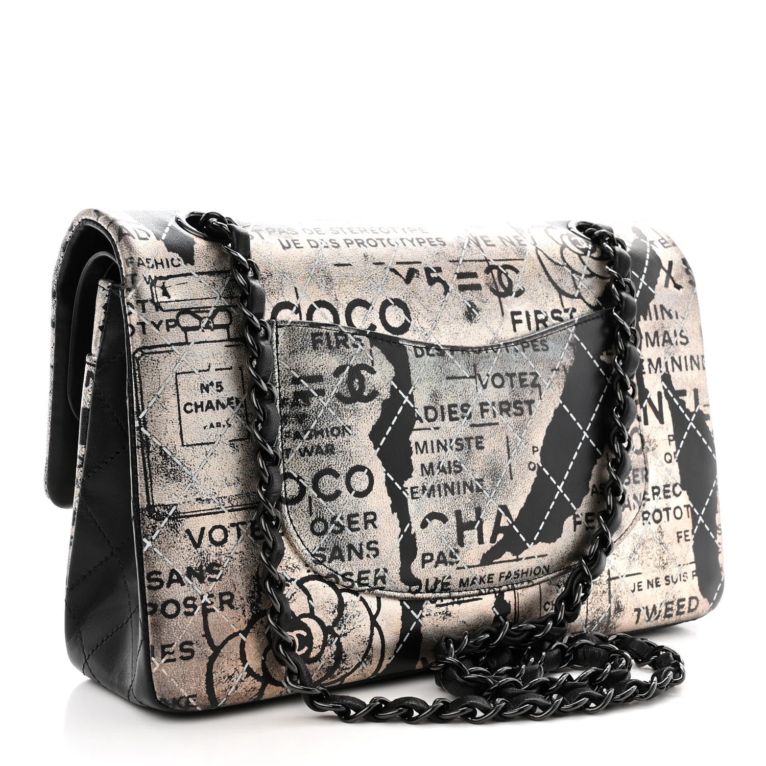 Chanel Metallic Lambskin Painted Feministe Newsprint Medium Double Flap So Black 3 of 14