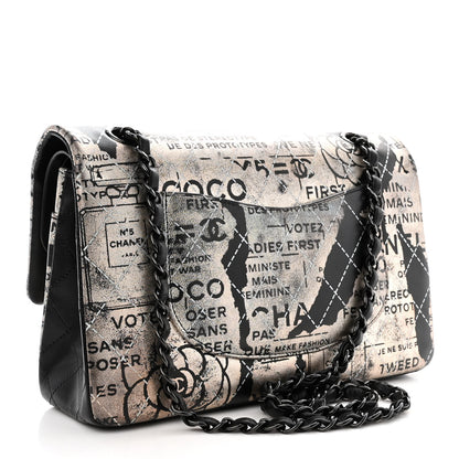 Chanel Metallic Lambskin Painted Feministe Newsprint Medium Double Flap So Black 3 of 14
