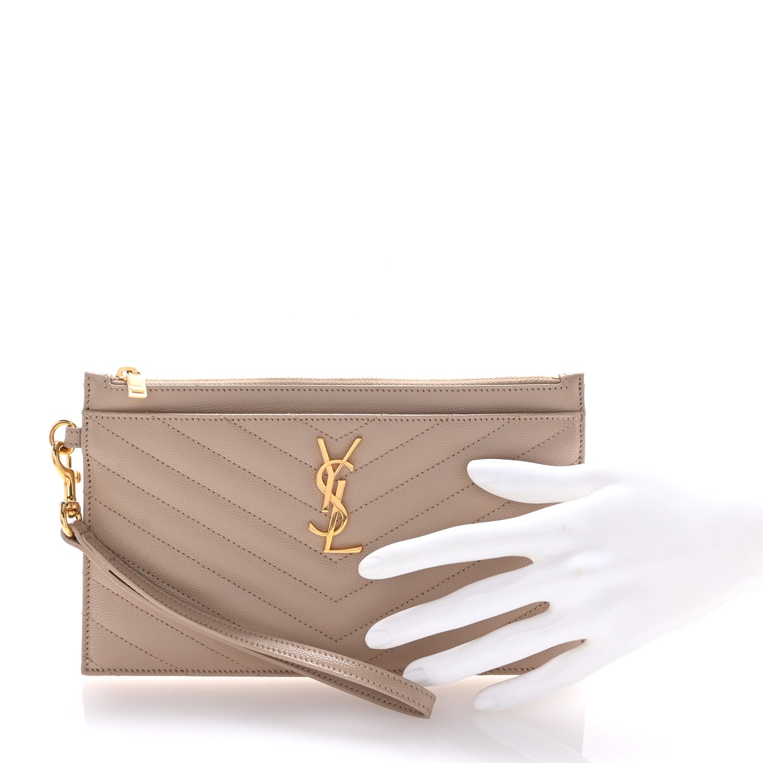 Saint Laurent Grain De Poudre Chevron Monogram Large Bill Pouch Dark Beige 2 of 8