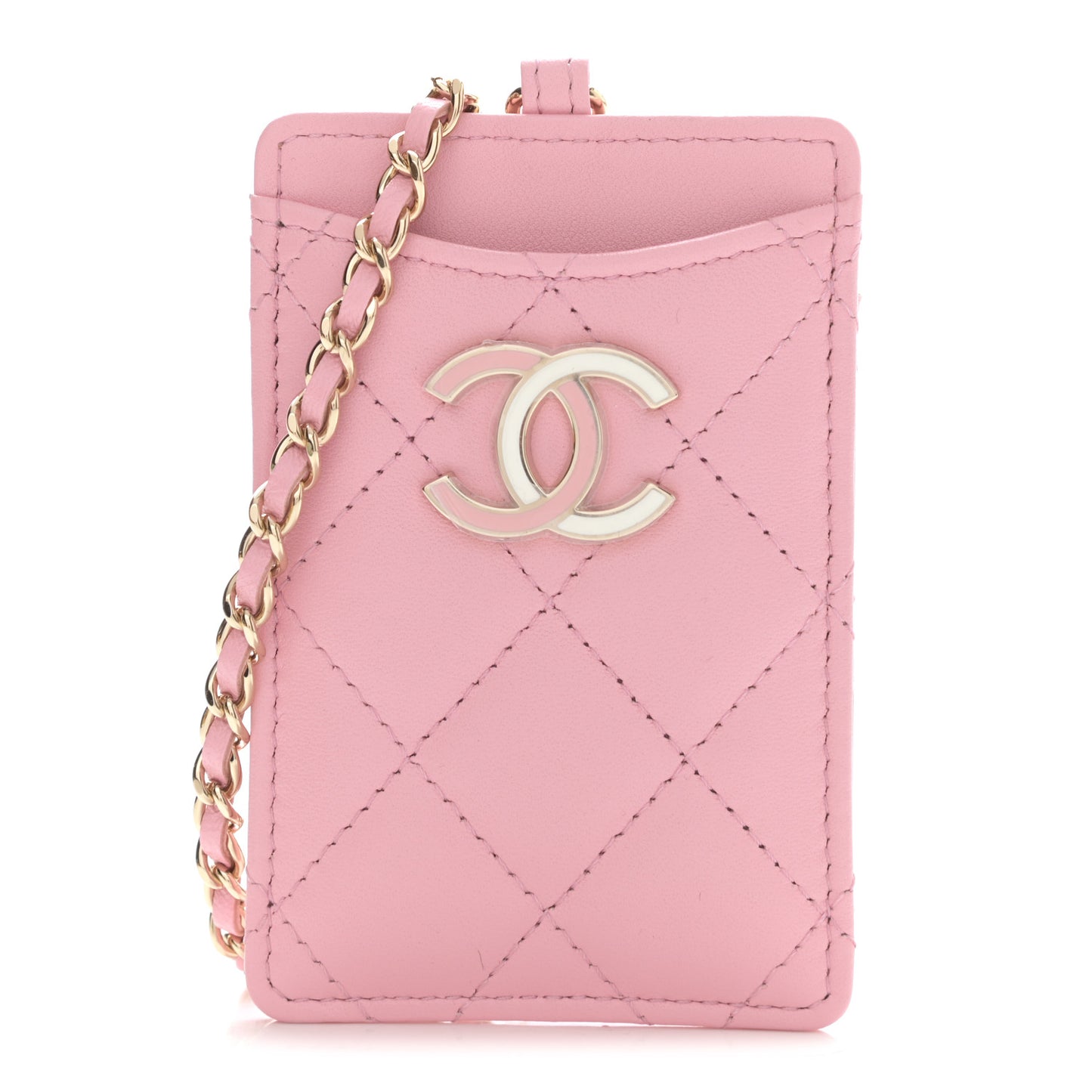 Lambskin Quilted Chanel Card Holder On Chain Pink