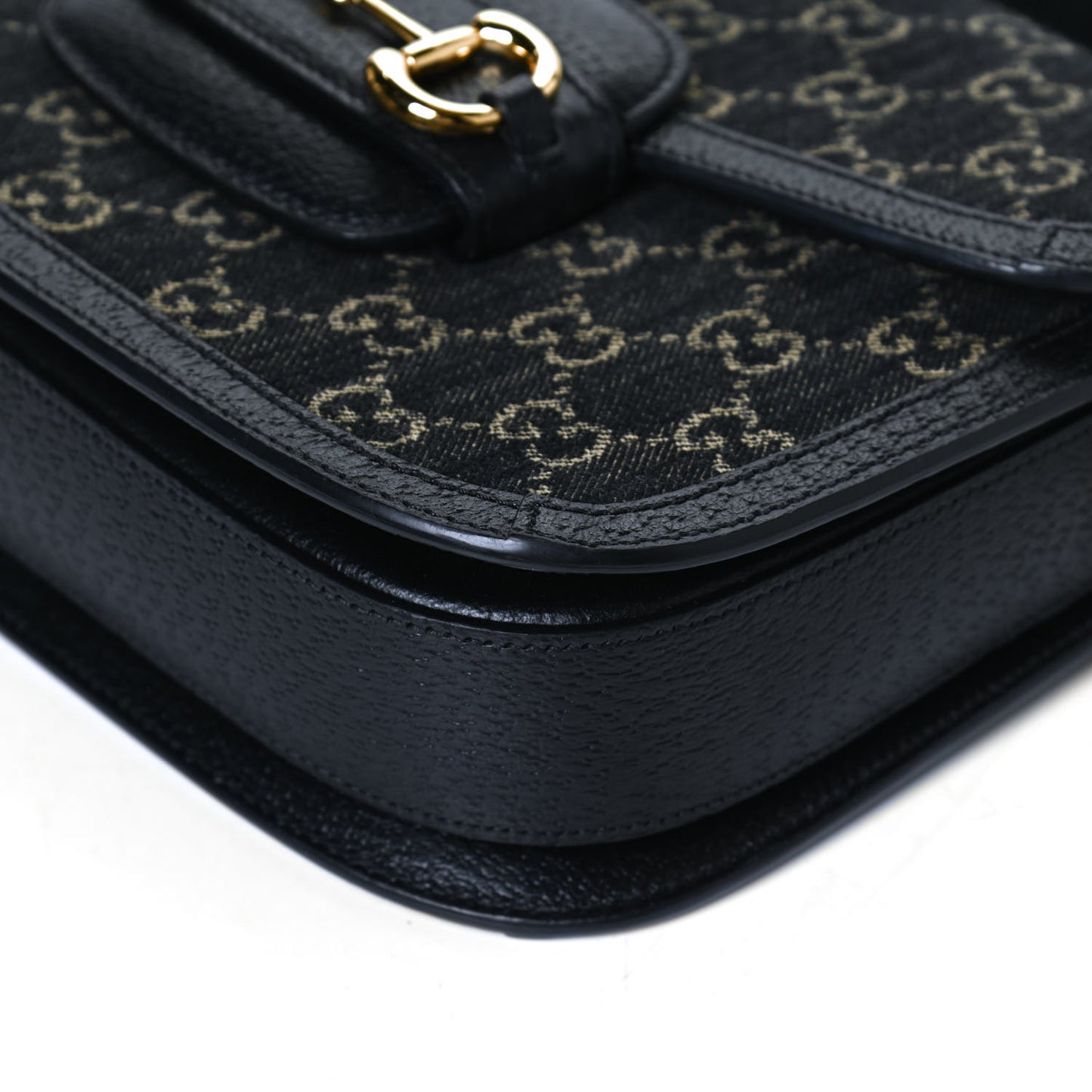 Jacquard Black Denim GG Monogram Textured Dollar Calfskin Horsebit 1955 Shoulder Bag Black Ivory
