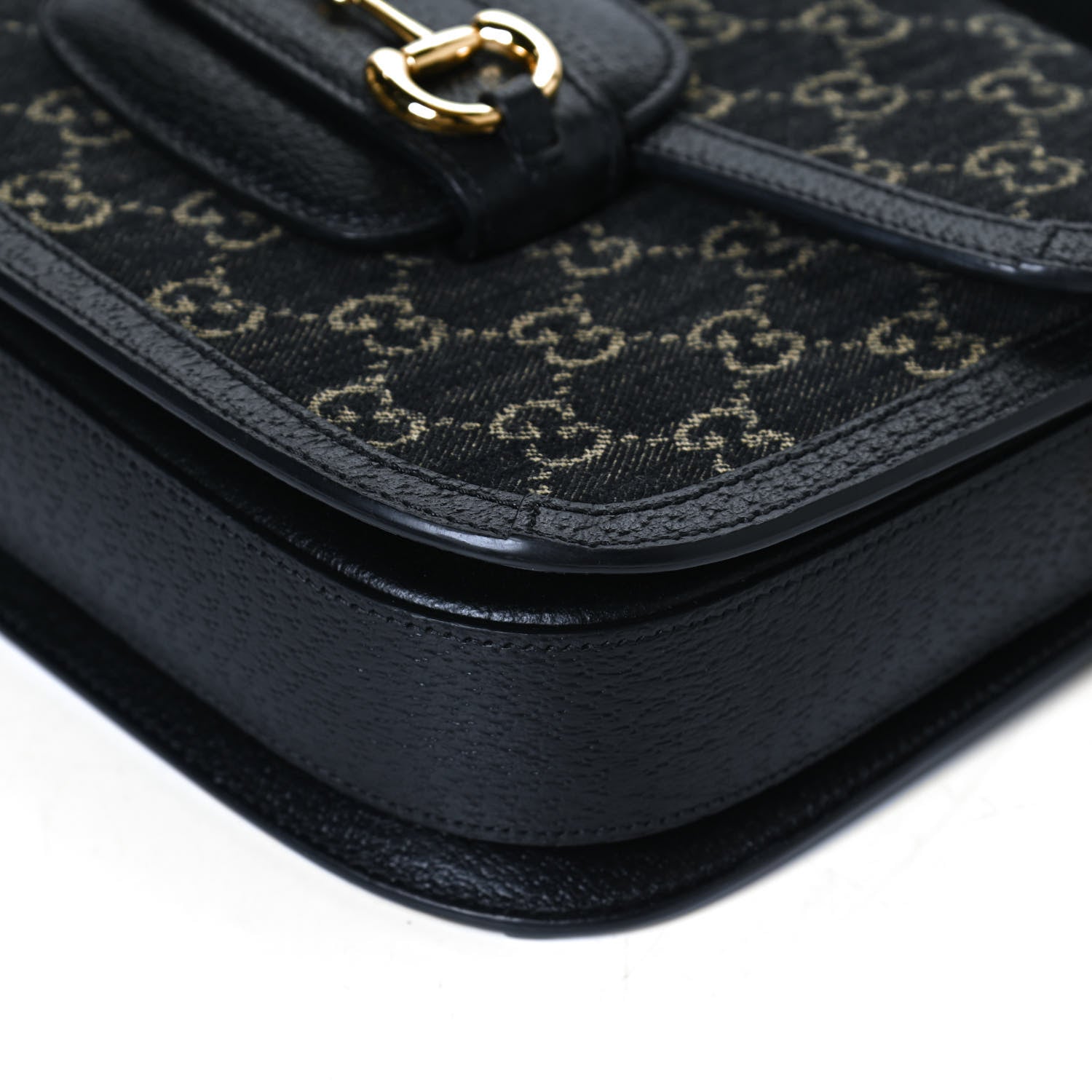 Gucci Jacquard Black Denim GG Monogram Textured Dollar Calfskin Horsebit 1955 Shoulder Bag Black Ivory 14 of 14