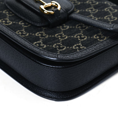 Gucci Jacquard Black Denim GG Monogram Textured Dollar Calfskin Horsebit 1955 Shoulder Bag Black Ivory 14 of 14