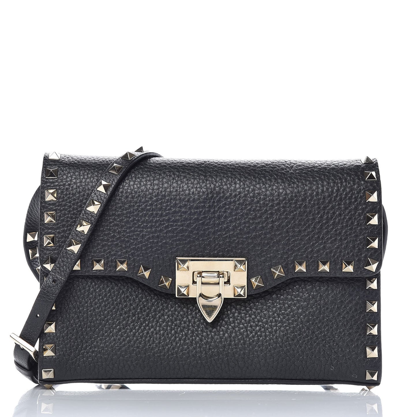 Pebbled Calfskin Medium Rockstud Flip Lock Crossbody Bag Black