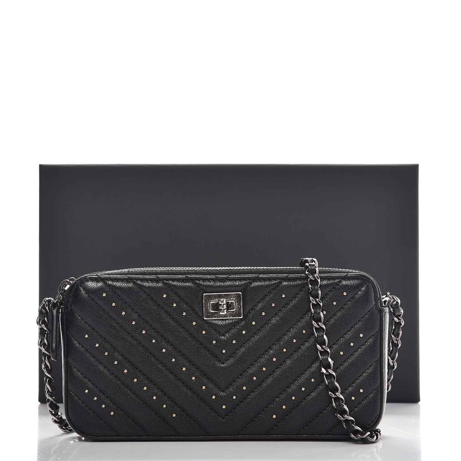 Chanel Sheepskin Chevron Quilted Studded Reissue Small Clutch With Chain Black 10 of 10