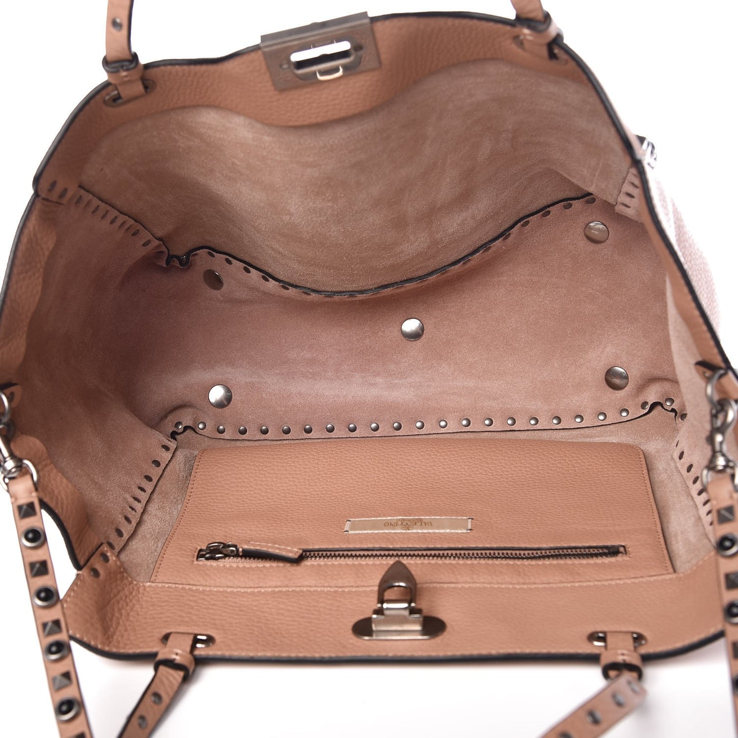 Grained Calfskin Onyx Medium Rockstud Rolling Tote Soft Noisette