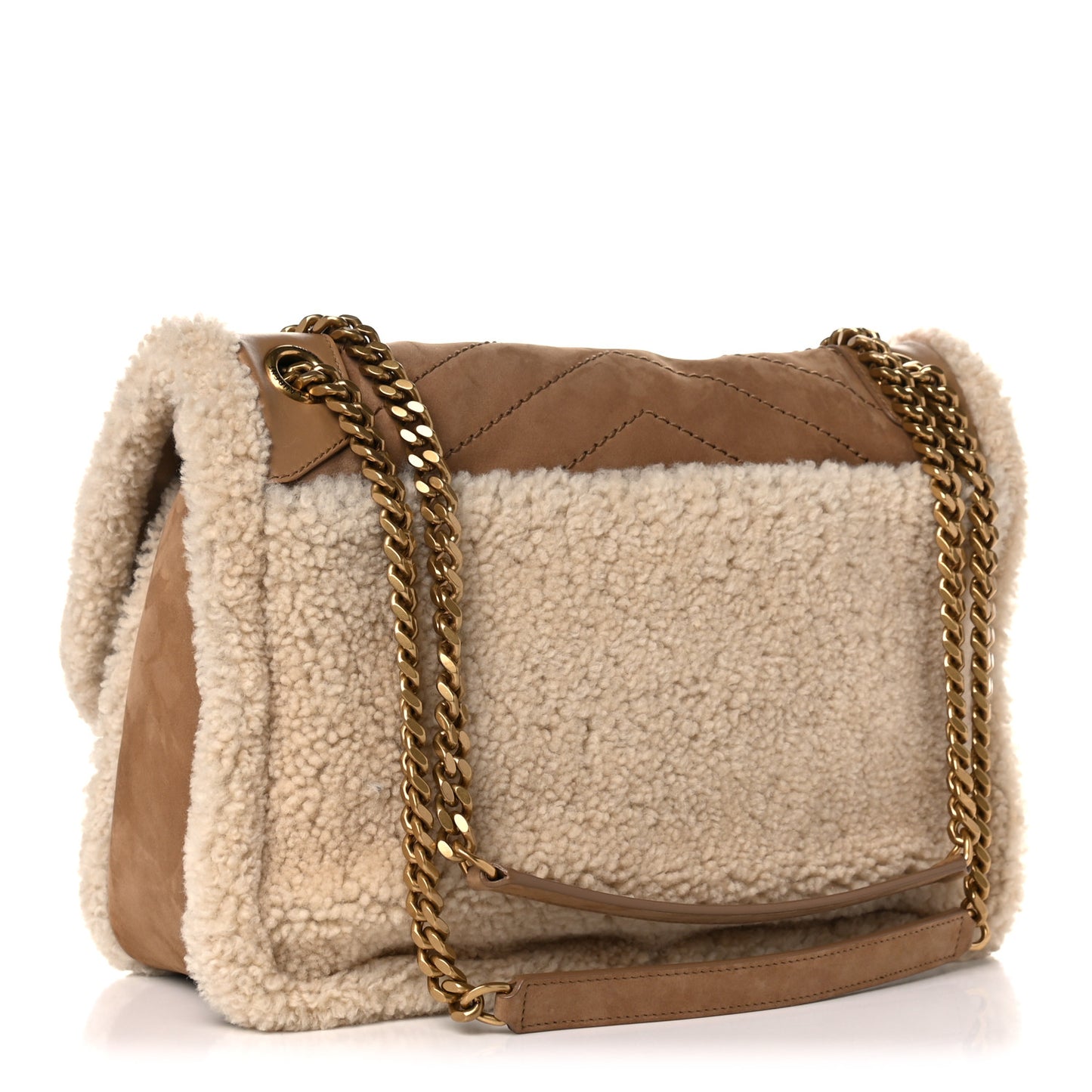 Nubuck Shearling Monogram Medium Niki Chain Satchel Ivory Natural Tan