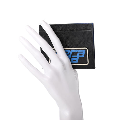 Prada Saffiano Racing Logo Patch Card Holder Black Azzurro 2 of 9