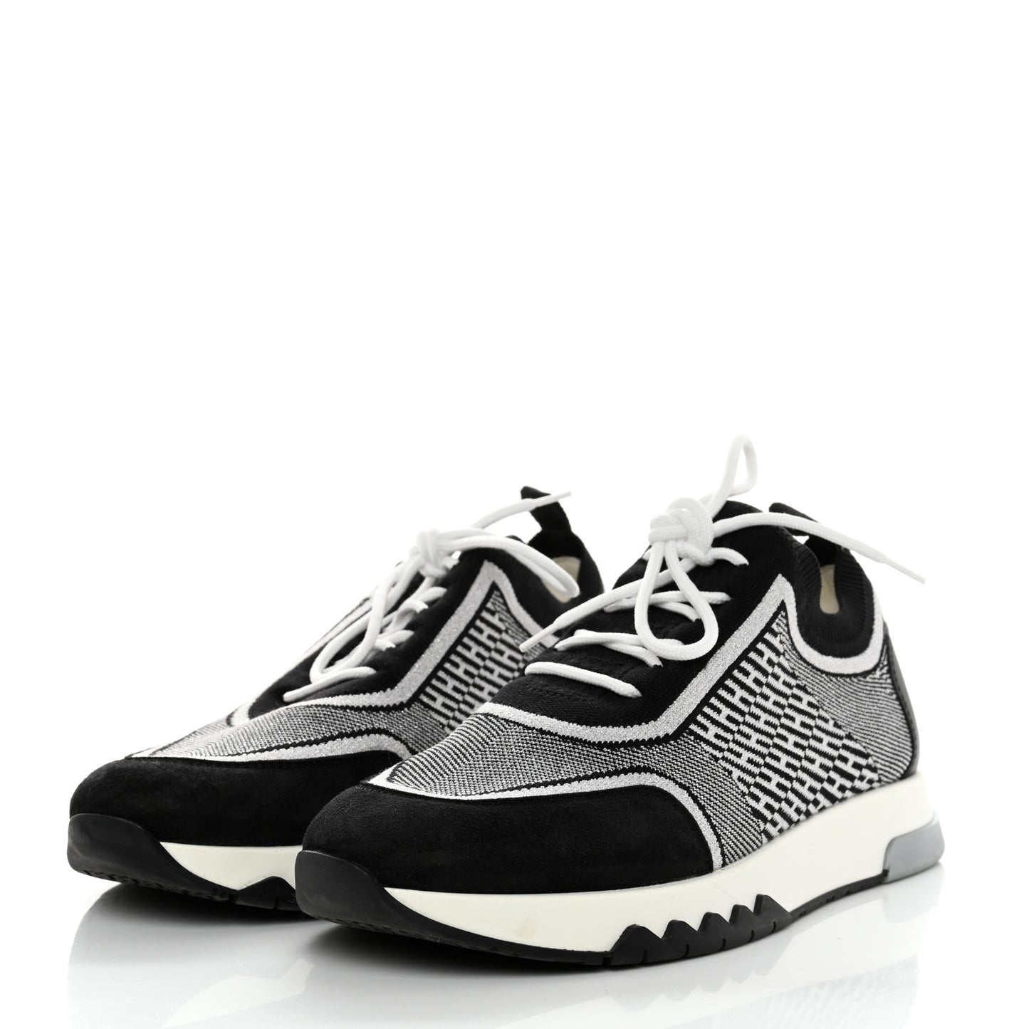 Knit Calfskin Suede Goatskin Bi-Color Womens Addict Sneakers 37.5 Black White