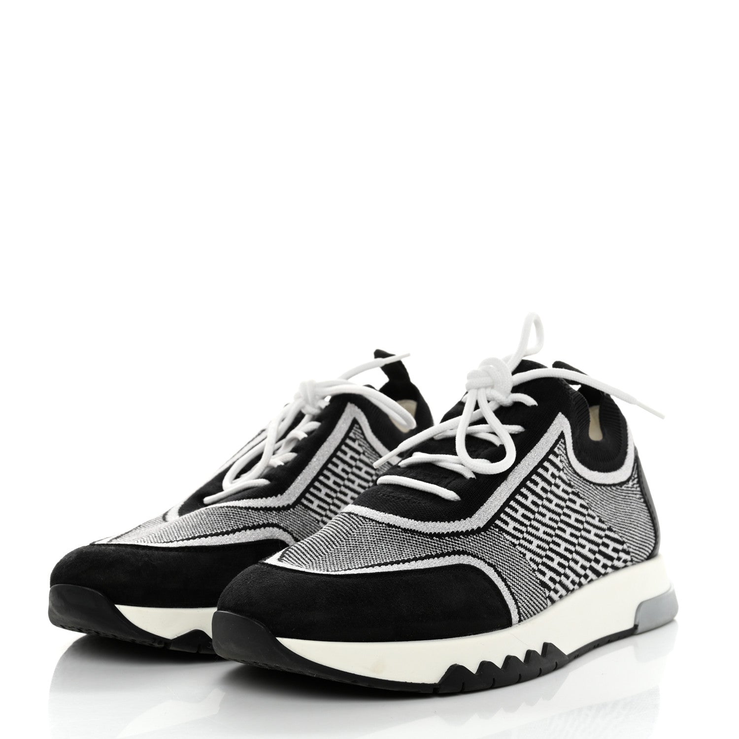 Hermes Knit Calfskin Suede Goatskin Bi-Color Womens Addict Sneakers 37.5 Black White 3 of 7