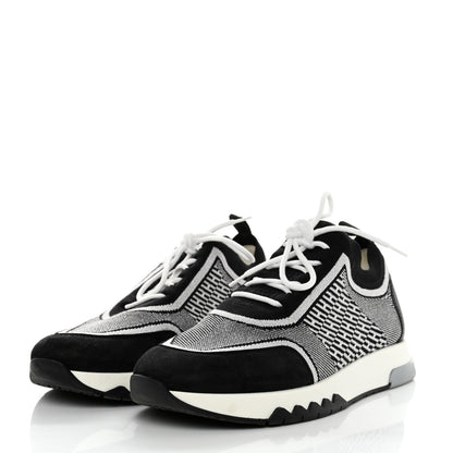 Hermes Knit Calfskin Suede Goatskin Bi-Color Womens Addict Sneakers 37.5 Black White 3 of 7