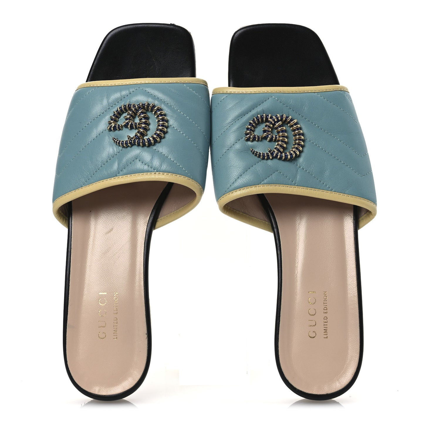 Malaga Kid Matelasse Enamel GG Marmont Flat Slide Sandals 38 Dusty Azure Burro