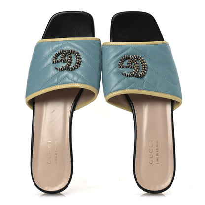 Gucci Malaga Kid Matelasse Enamel GG Marmont Flat Slide Sandals 38 Dusty Azure Burro 2 of 13