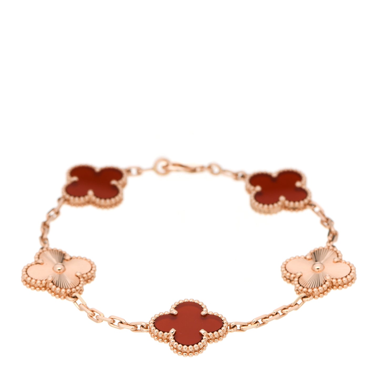 18K Rose Gold Carnelian 5 Motifs Guilloche Vintage Alhambra Bracelet