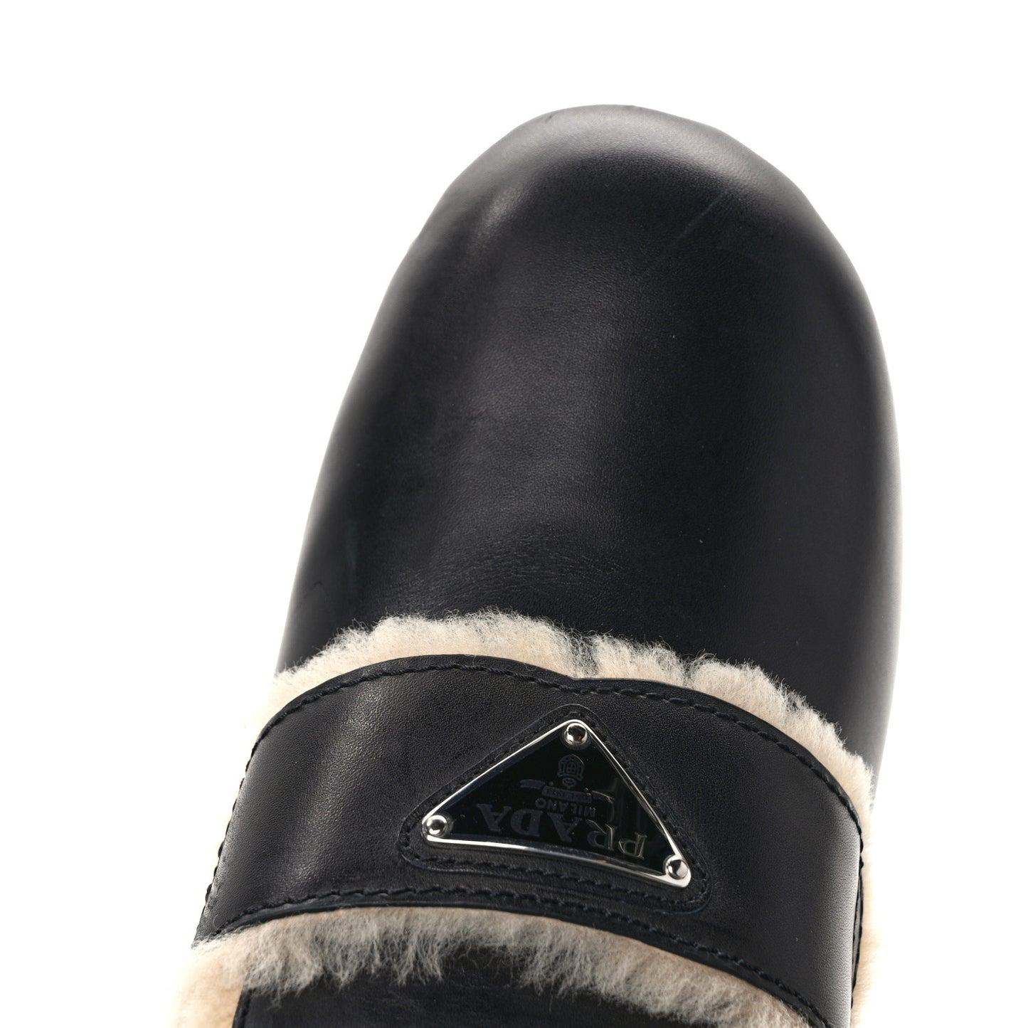 Natural Calfskin Shearling Metal Triangle Logo 45mm Clogs 40 Black Sabbia