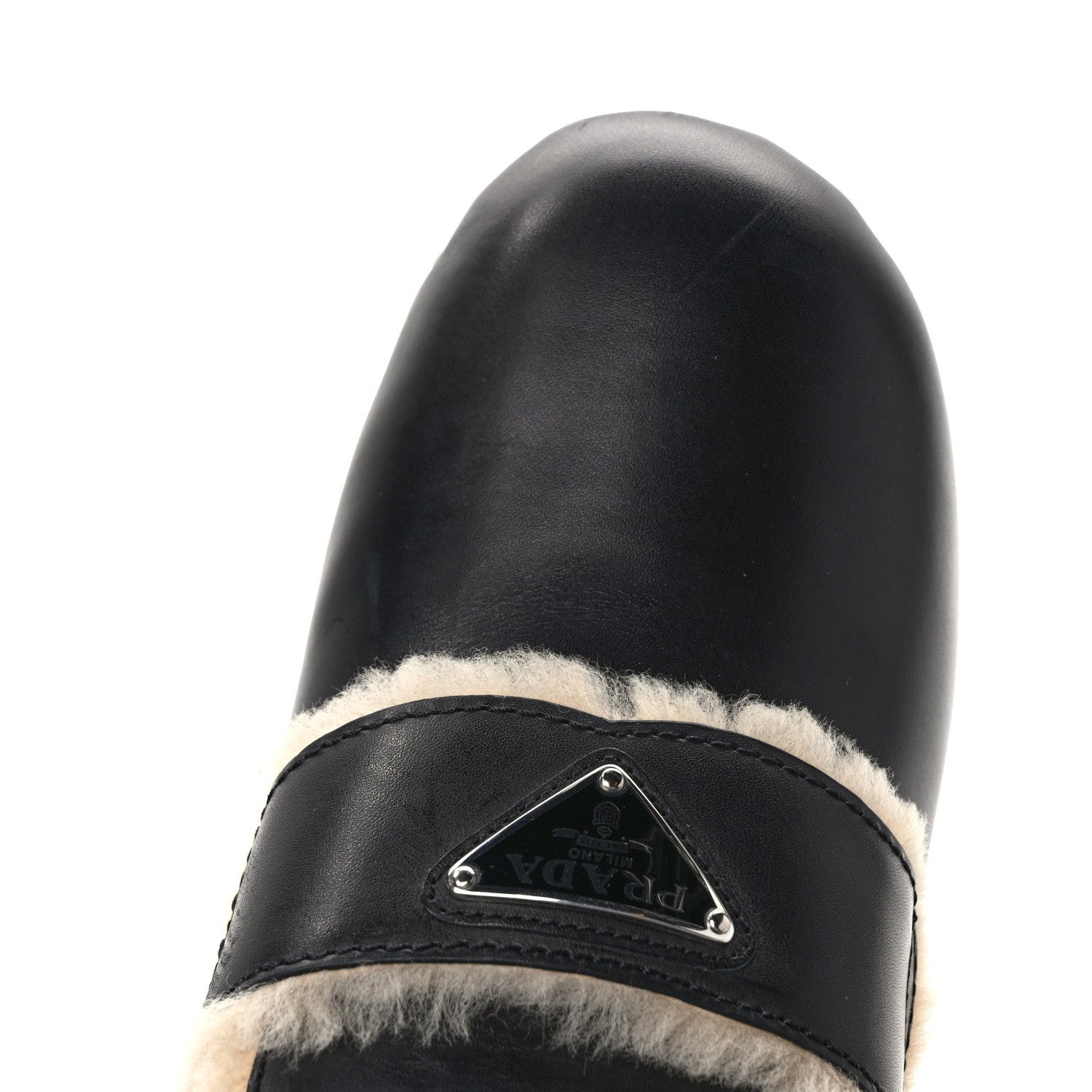 Prada Natural Calfskin Shearling Metal Triangle Logo 45mm Clogs 40 Black Sabbia 9 of 9