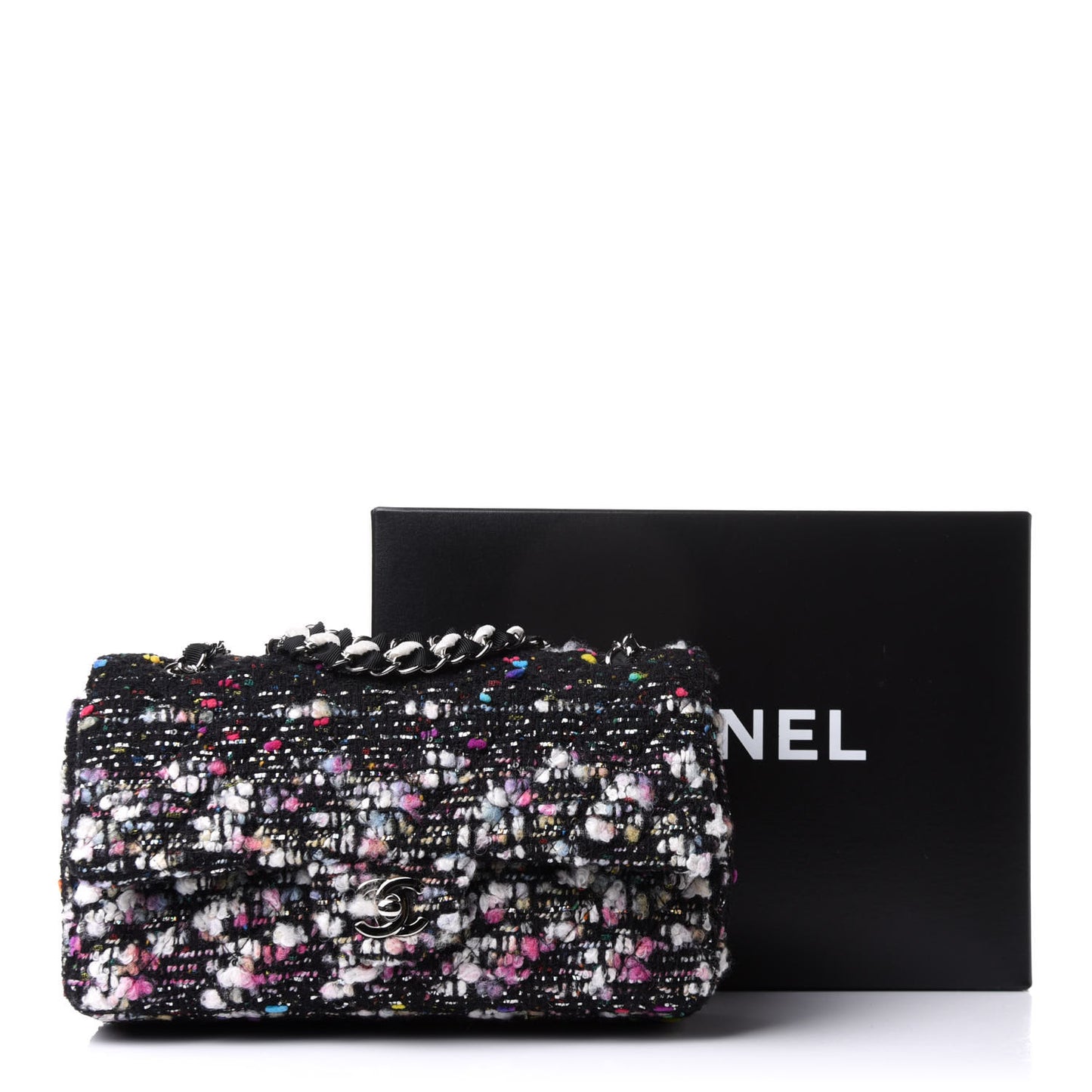 Tweed Quilted Medium Double Flap Black White Yellow Pink