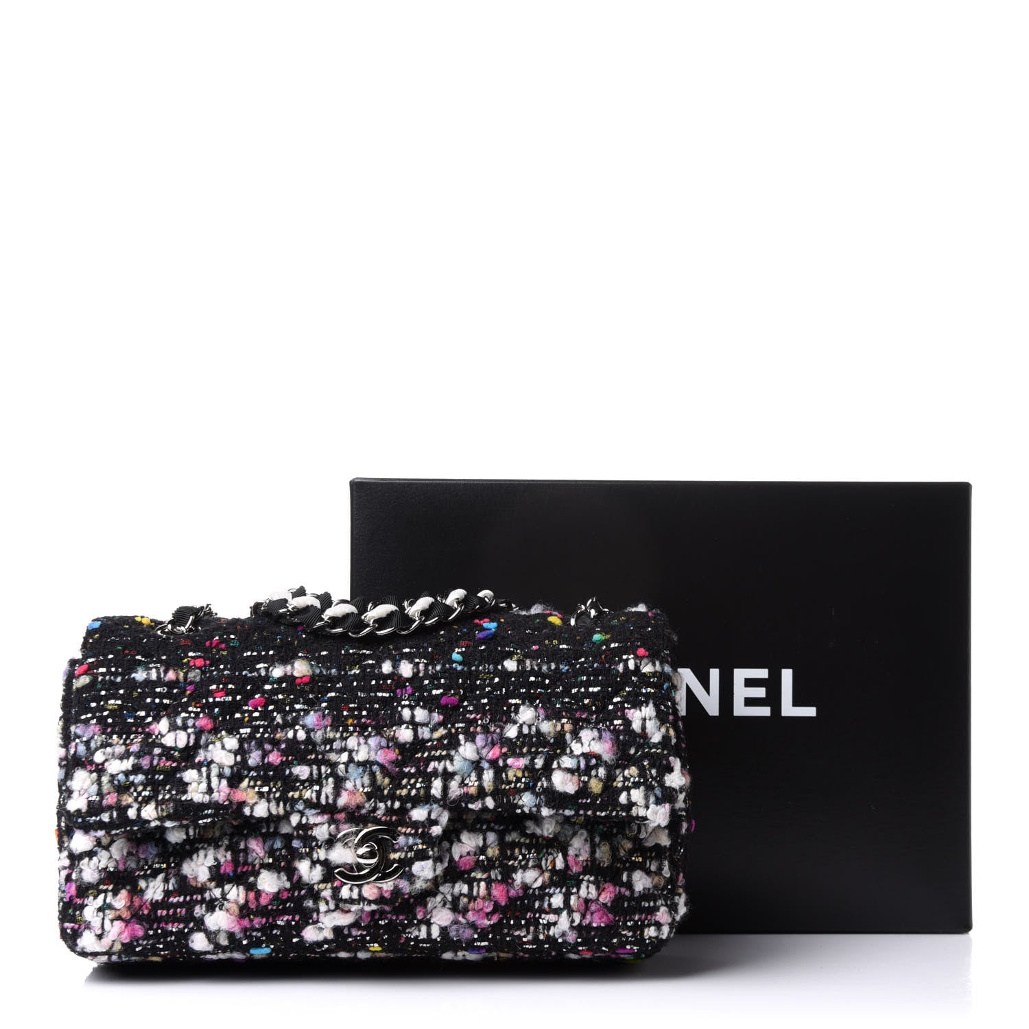Chanel Tweed Quilted Medium Double Flap Black White Yellow Pink 10 of 10
