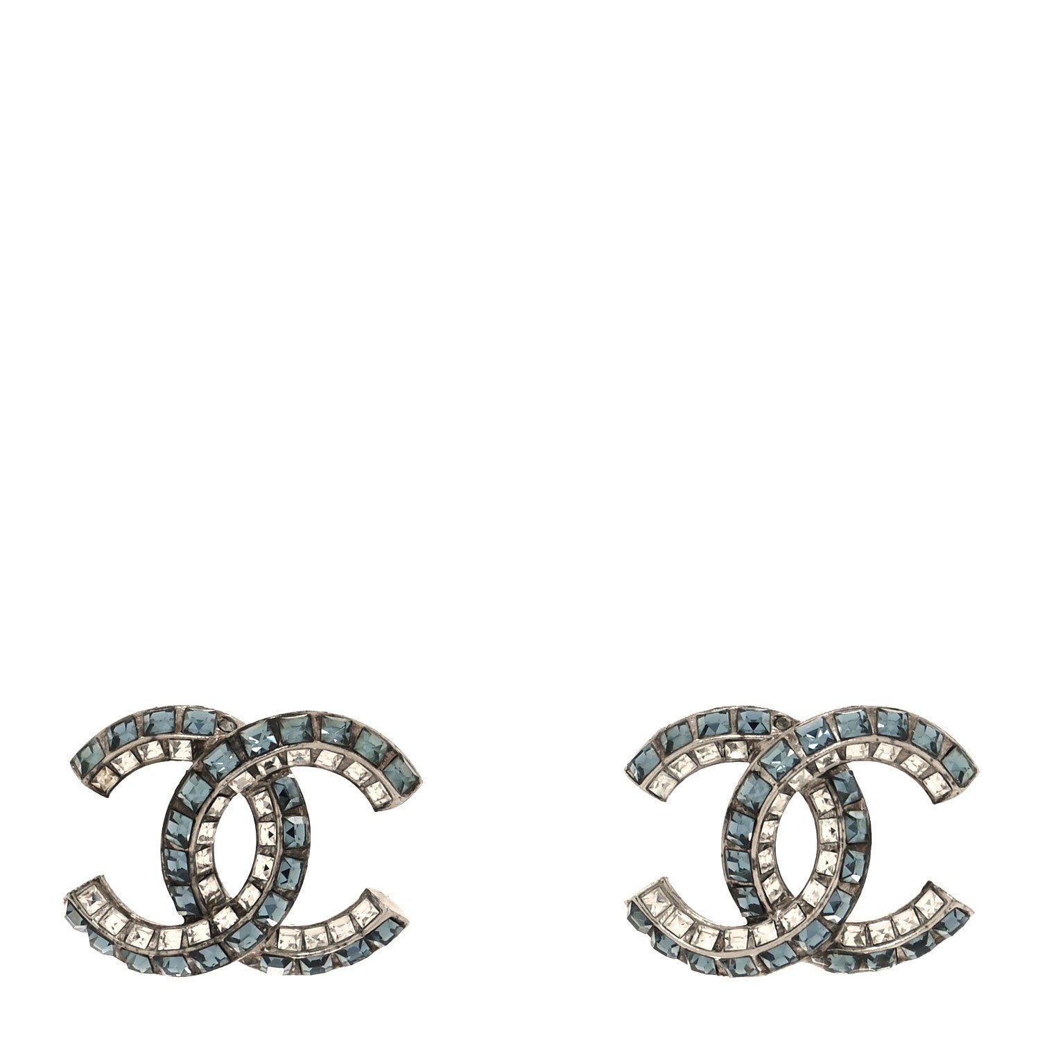 Chanel Metal Baguette Crystal CC Earrings Silver Blue 1 of 4