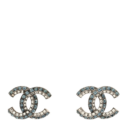 Chanel Metal Baguette Crystal CC Earrings Silver Blue 1 of 4