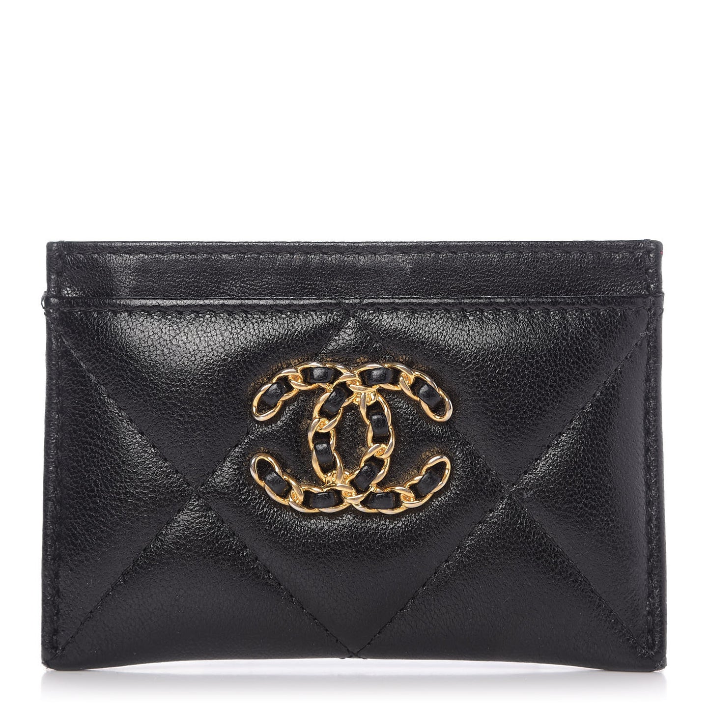 Shiny Goatskin Quilted Chanel 19 Card Holder Black