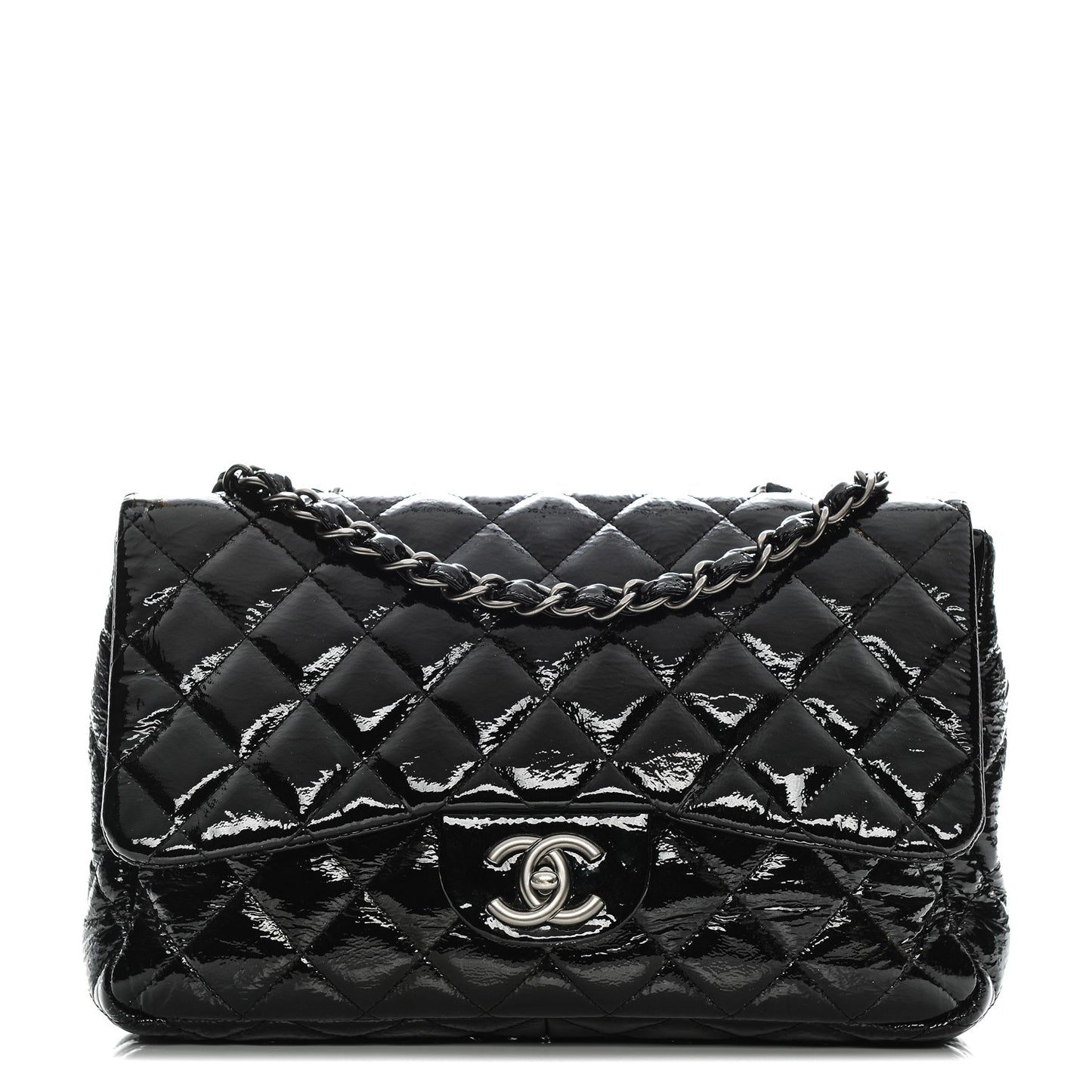 Distressed Patent Quilted Jumbo Single Flap Black