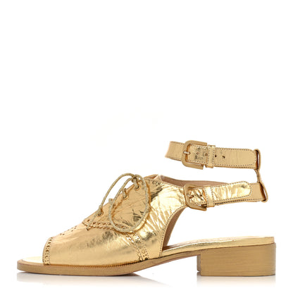 Chanel Metallic Calfskin CC Brogue Lace Up Ankle Strap Oxford Peep Toe Sandals 37 Gold 1 of 12