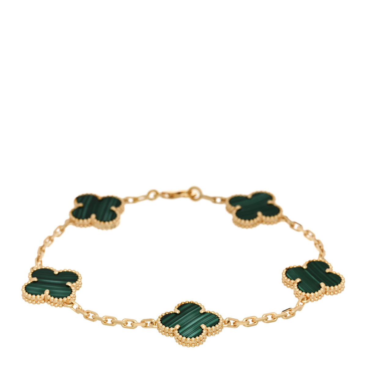 18K Yellow Gold Malachite 5 Motifs Vintage Alhambra Bracelet