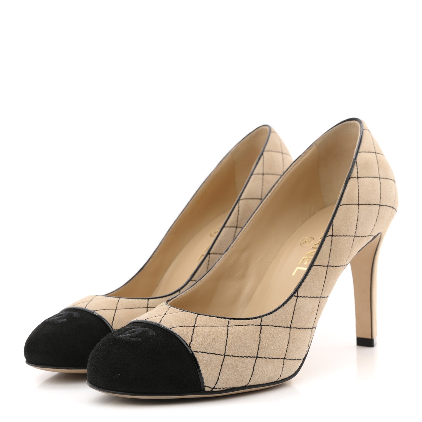 Suede Quilted Cap Toe Pumps 40 Beige Black