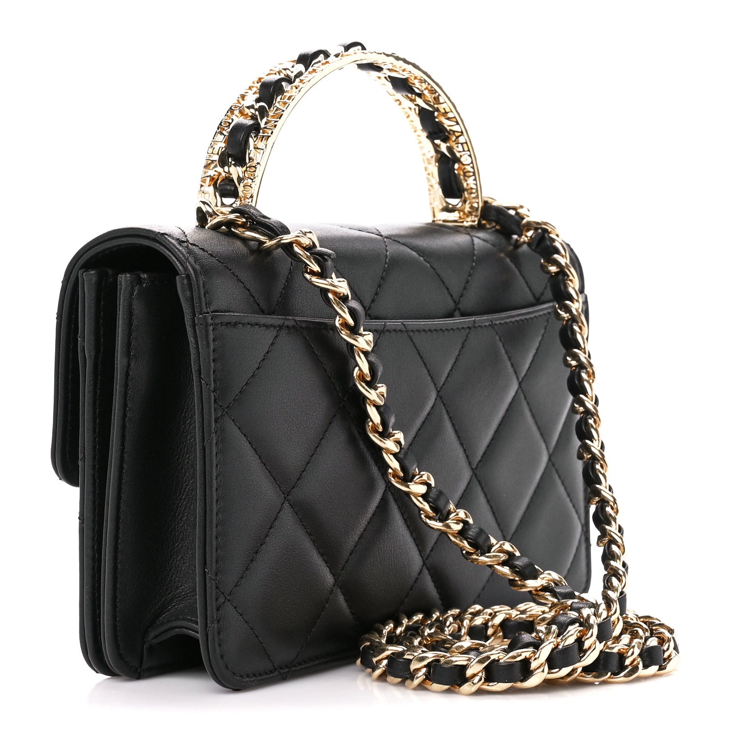 Shiny Calfskin Quilted Mini Metal Top Handle Flap Black