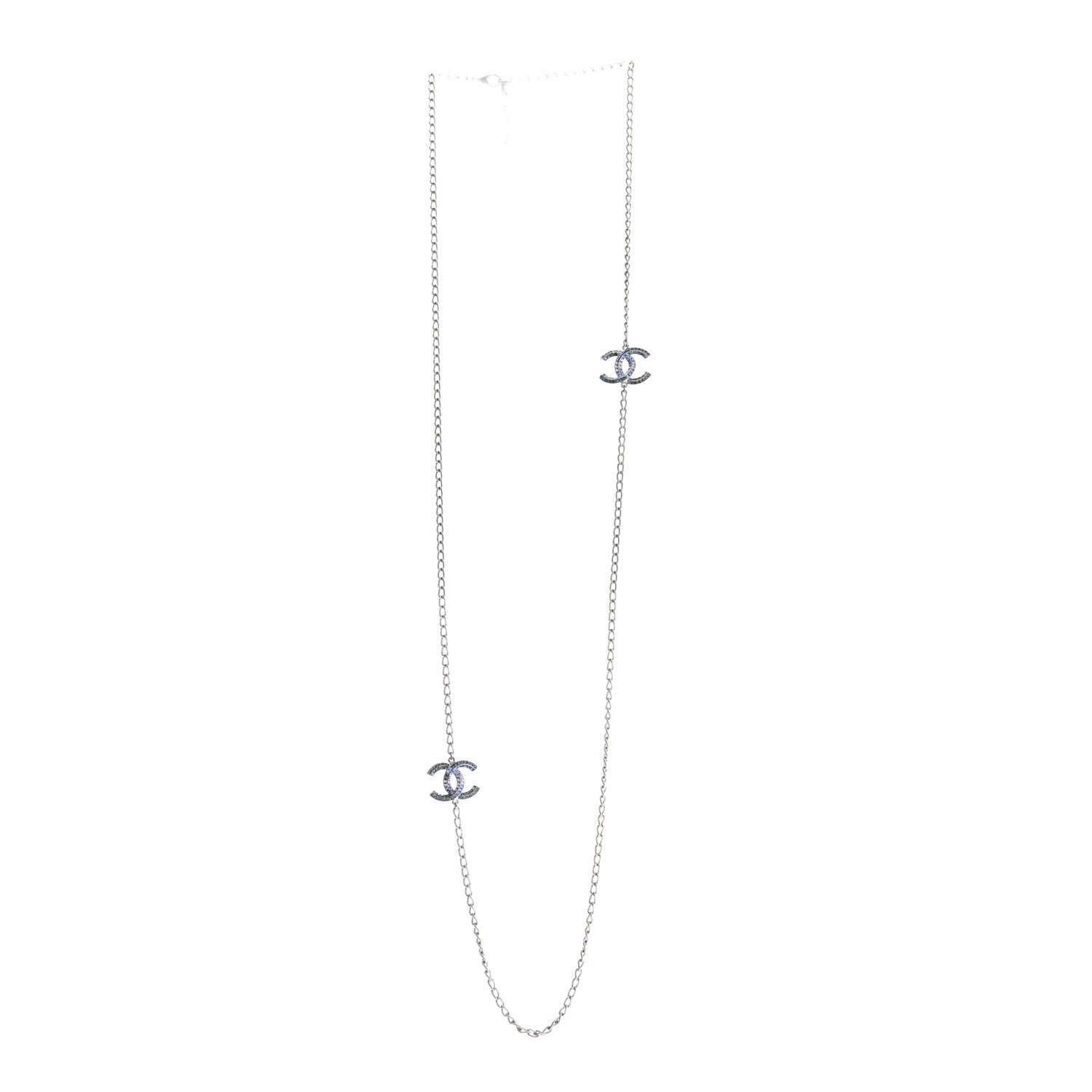 Chanel Crystal Baguette CC Double Strand Necklace Silver Blue 3 of 6