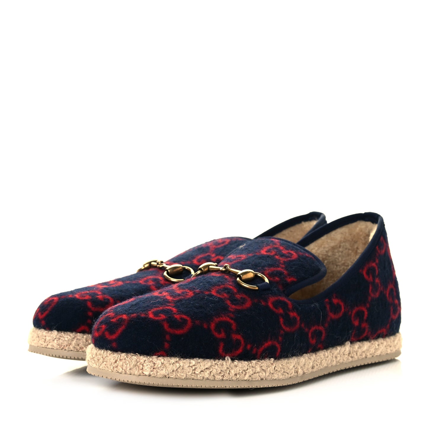 Covered Wool GG Monogram Mens Fria Horsebit Loafers 7 Blue Red Butterscotch