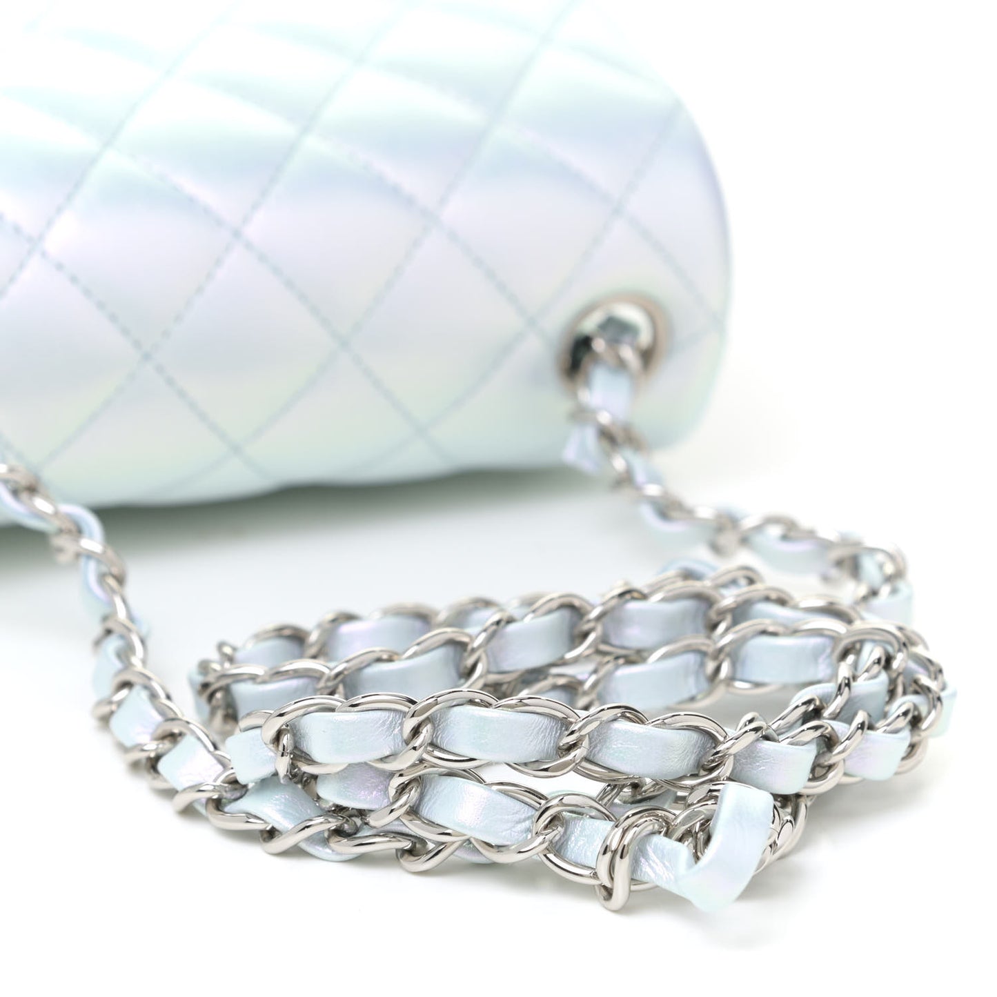 Iridescent Lambskin Quilted Mini Square Flap Light Blue