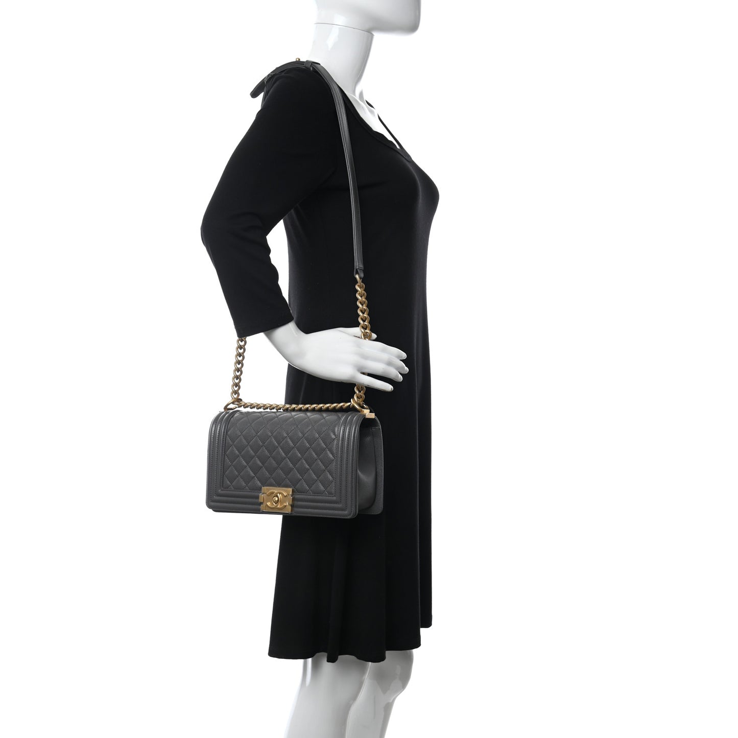 Caviar Quilted Medium Boy Flap Dark Grey