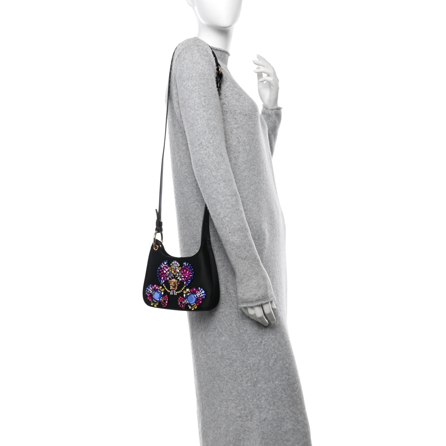 Versace Satin Crystal Embellished La Medusa Mini Hobo Bag Black Multicolor 2 of 9