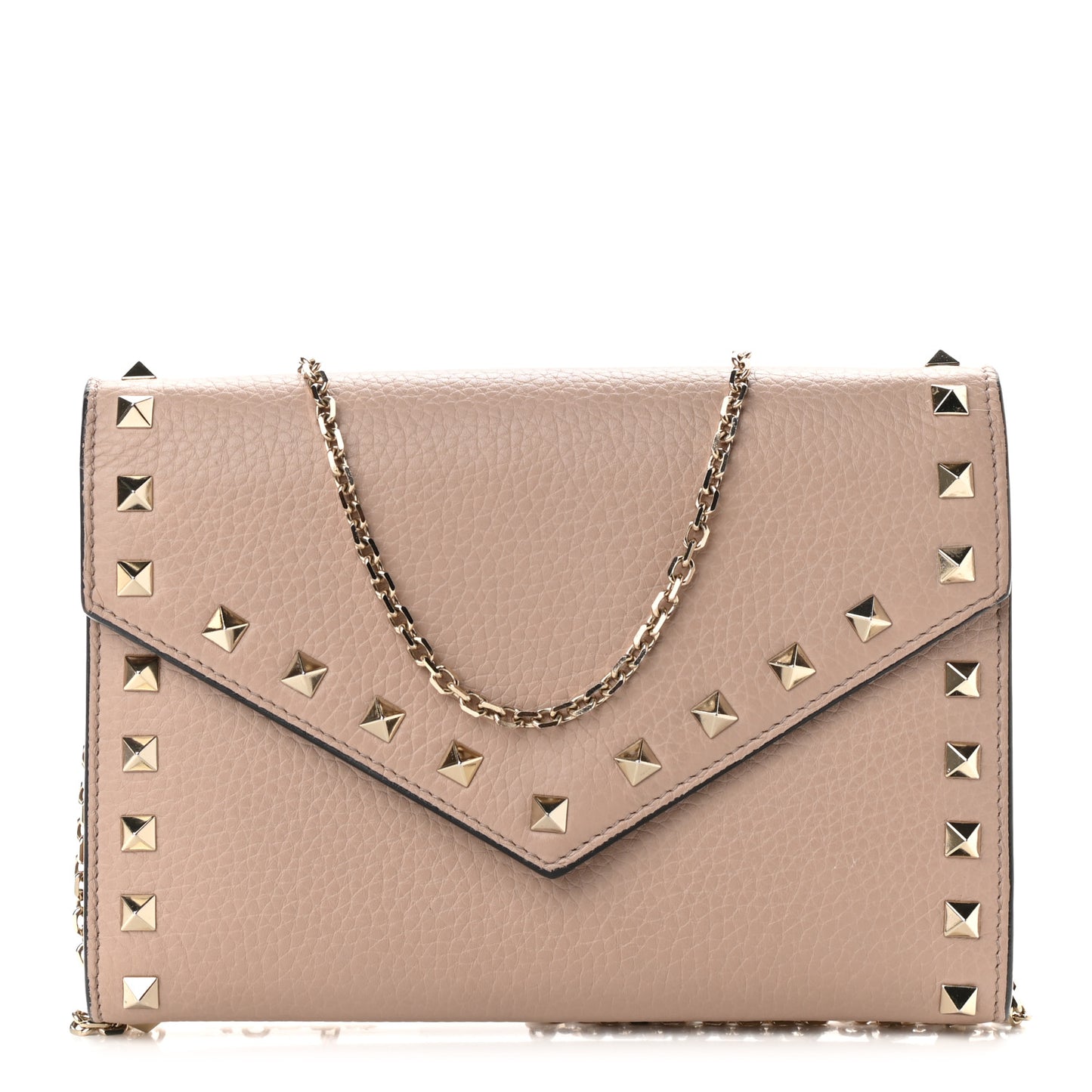 Pebbled Calfskin Rockstud Envelope Wallet on Chain Poudre