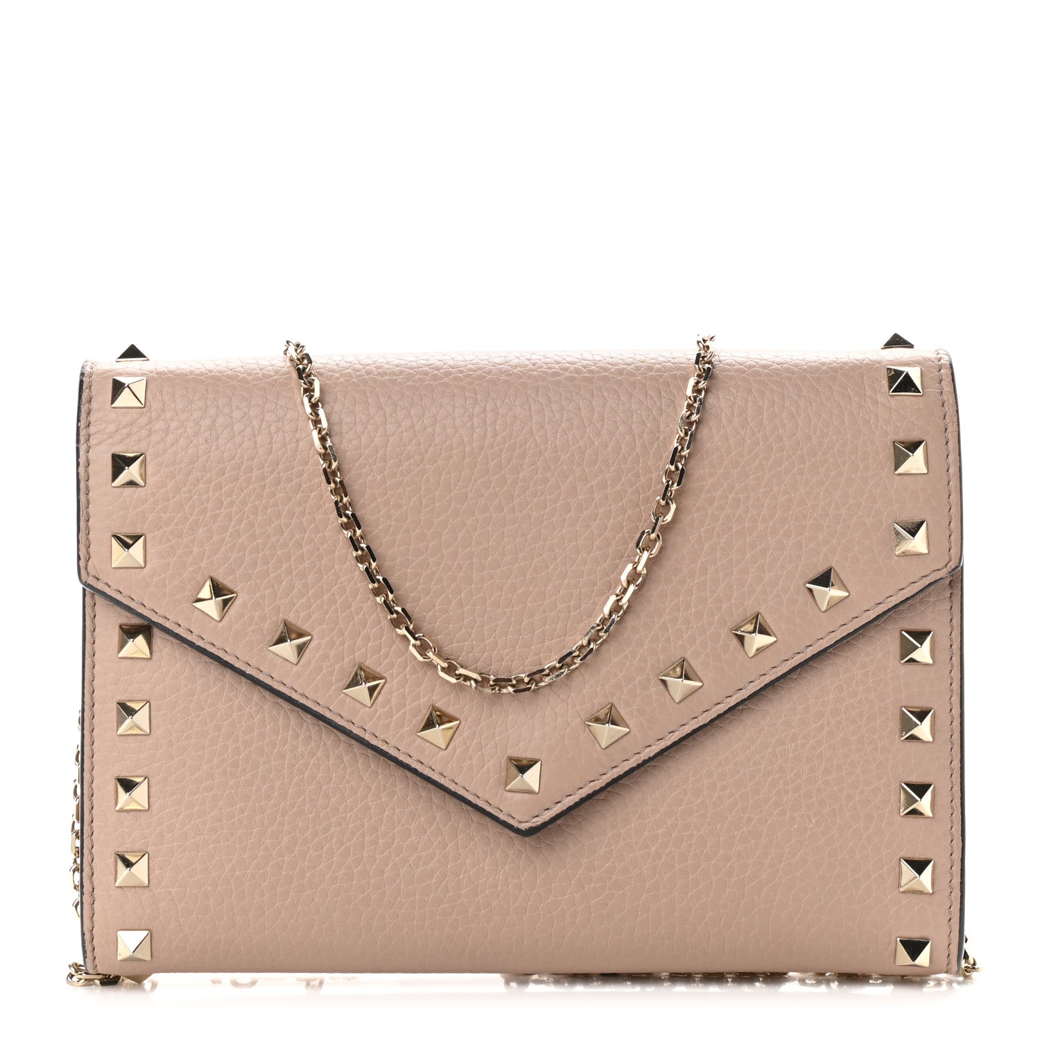Valentino Garavani Pebbled Calfskin Rockstud Envelope Wallet on Chain Poudre 1 of 9
