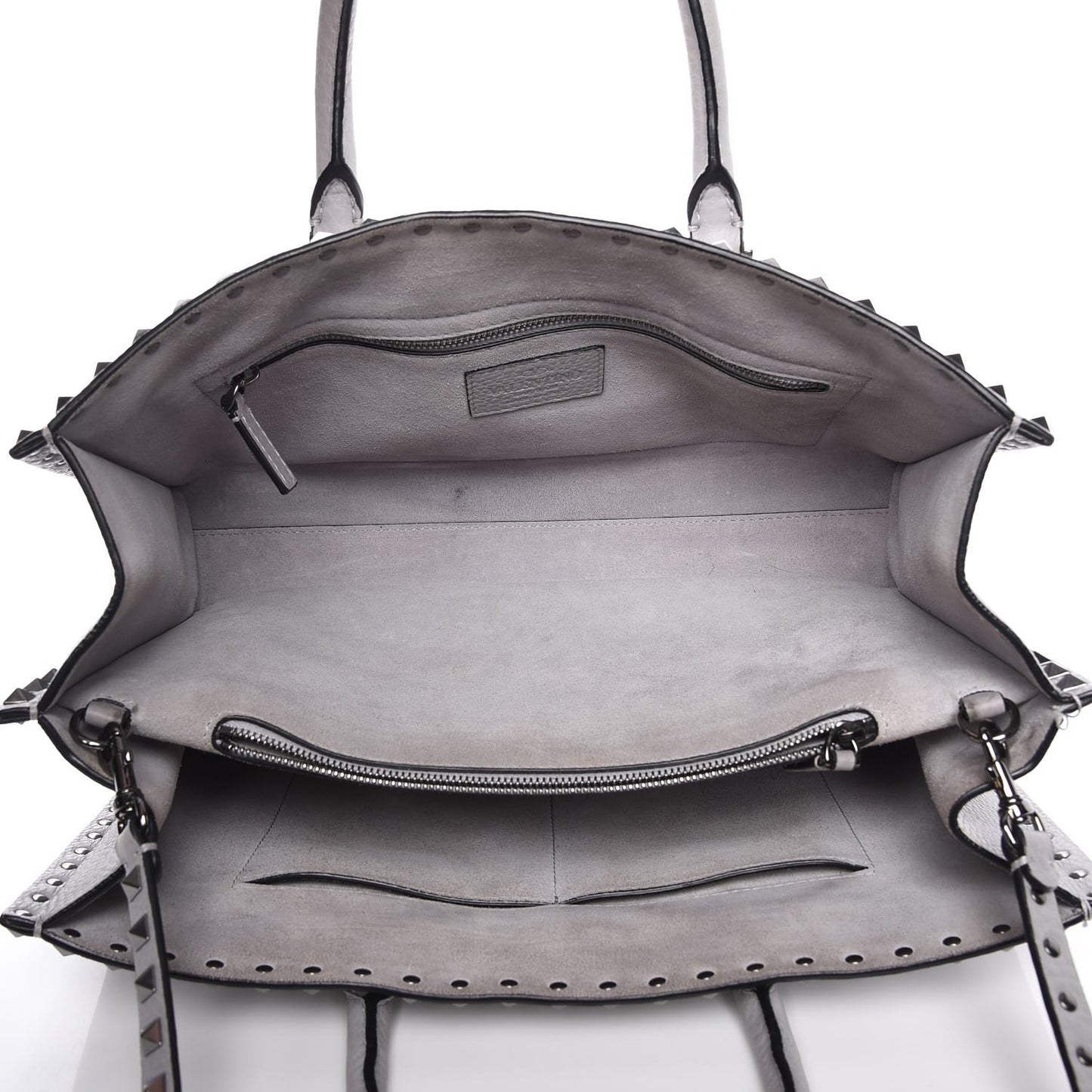 Grained Calfskin Medium Rockstud Double Handle Horizontal Tote Pastel Grey