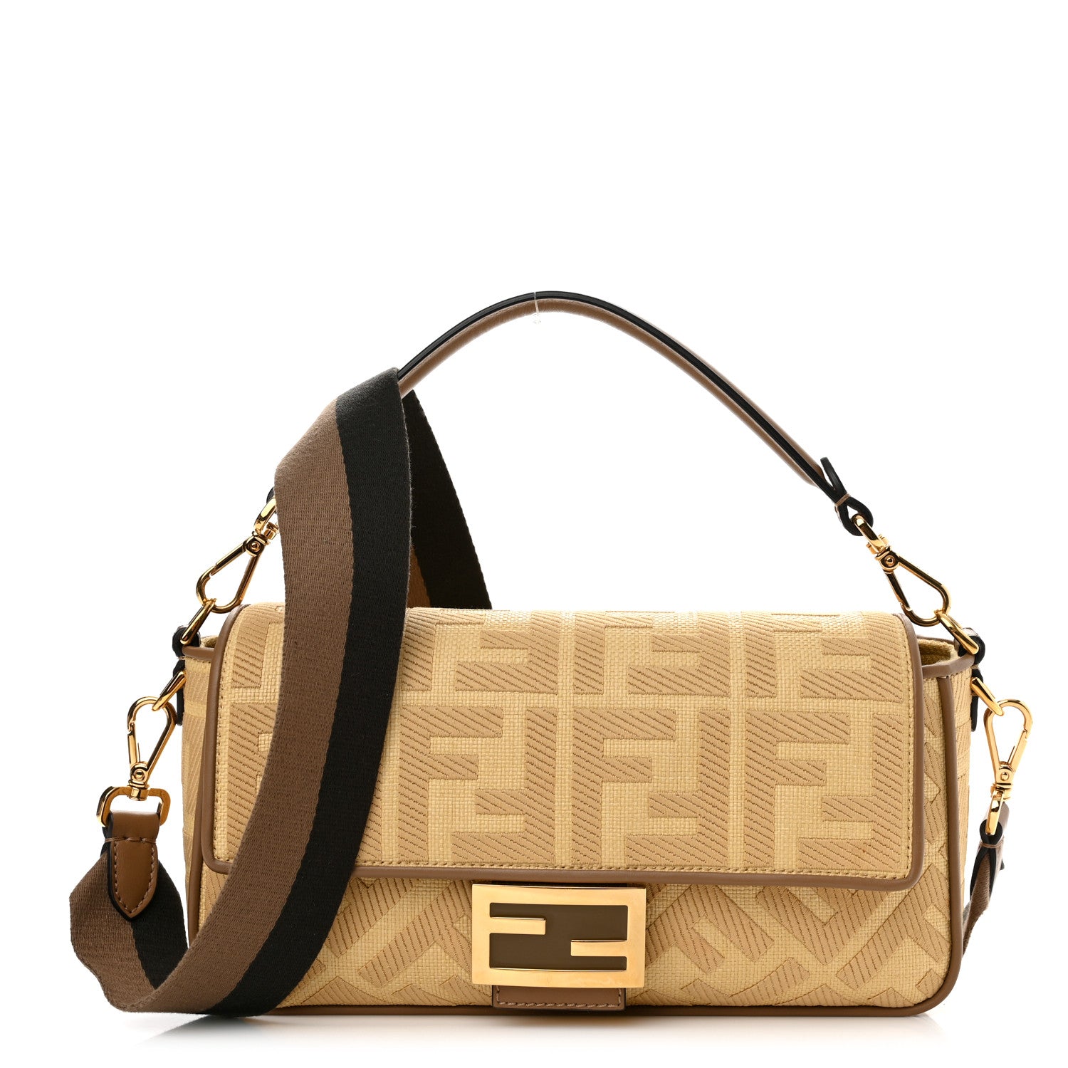 Fendi Raffia Vitello King Lucido FF Embroidered Baguette Grano Sand 1 of 11