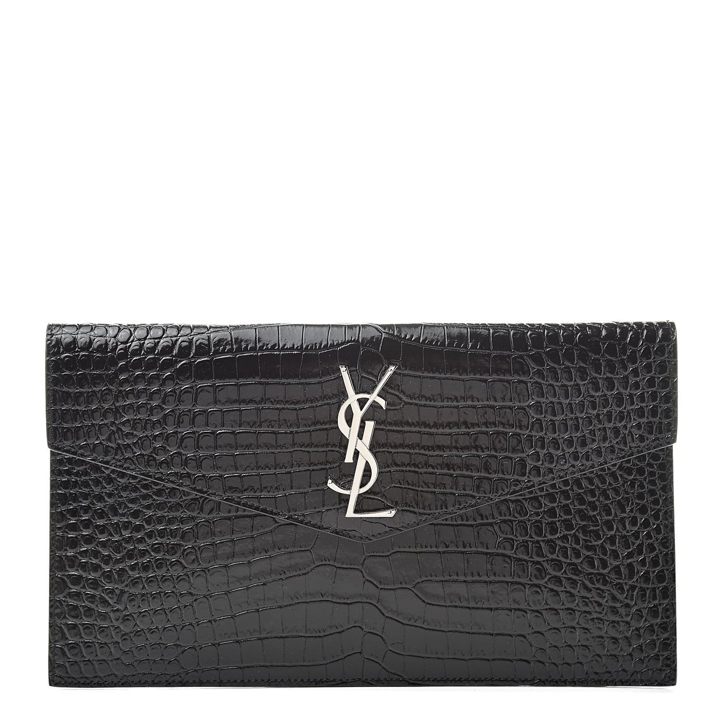 Calfskin Crocodile Embossed Uptown Monogram Clutch Black